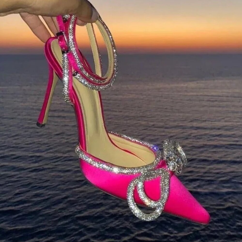 Hot Pink Sugarcoat Diamante Double Bow Satin Heels Womens (SIZE 9.5 US / 41 EU)